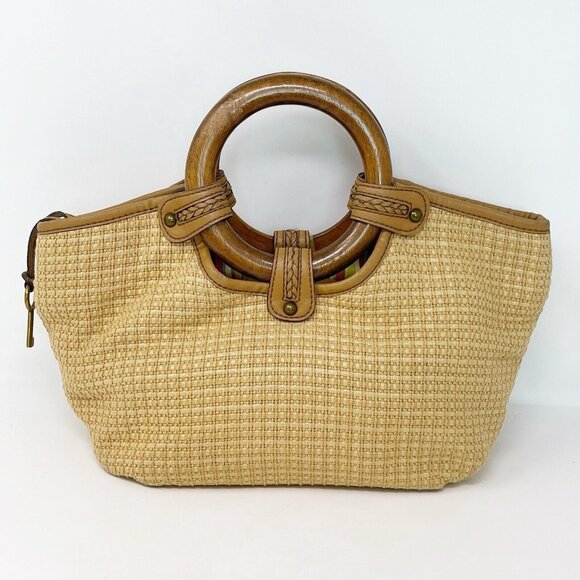 Vintage Fossil Tan Woven Straw Wood Handles Small Satchel Tote Bag Y2K 90’s Boho - Picture 2 of 10